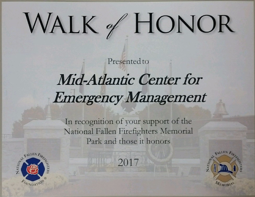A photo of a certificate of appreciation received by MACEM&PS for its contributions to the National Fallen Firefighters Memorial